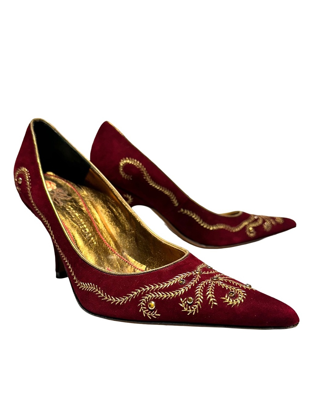 Burgundy Suede Gold Embroidered Heels Baroque Rococo Romantic Gothic Size 7.5-8